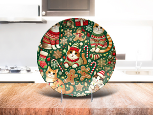 Festive Cats Holiday Plate: Adorable Cats in Sweaters with Gingerbread, Candy Canes, and Snowflakes