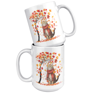 Autumn Leaves Cat 15 oz White Mug
