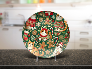 Festive Cats Holiday Plate: Adorable Cats in Sweaters with Gingerbread, Candy Canes, and Snowflakes