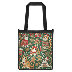 Cozy Christmas Cats Reusable Tote Bag: Festive Feline Fun with Gingerbread, Candy Canes, and Holiday Cheer!