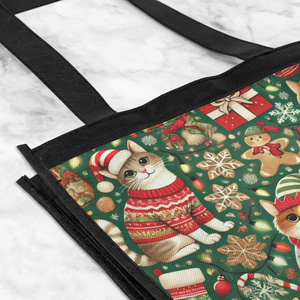 Cozy Christmas Cats Reusable Tote Bag: Festive Feline Fun with Gingerbread, Candy Canes, and Holiday Cheer!