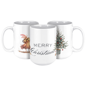 Merry Christmas Crazy Bird & Tree 15oz White Mug
