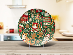 Festive Cats Holiday Plate: Adorable Cats in Sweaters with Gingerbread, Candy Canes, and Snowflakes