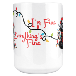 I'm Fine Everything's Fine Funny Christmas Cat Mug - Adorable Black Cat Tangled in Holiday Lights, Perfect Gift for Cat Lovers 15 oz