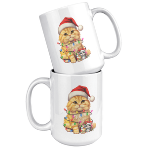 Orange Cat Christmas Hat, Lights With Mouse 15oz White Mug
