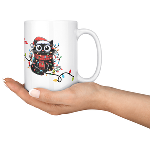 I'm Fine Everything's Fine Funny Christmas Cat Mug - Adorable Black Cat Tangled in Holiday Lights, Perfect Gift for Cat Lovers 15 oz