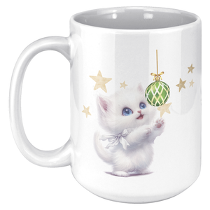 White Kitty With Ornament And Stars 15oz White Mug