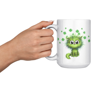 Green Cat And 4 Leaf Clovers 15oz White Mug