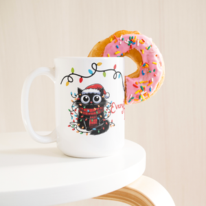 I'm Fine Everything's Fine Funny Christmas Cat Mug - Adorable Black Cat Tangled in Holiday Lights, Perfect Gift for Cat Lovers 15 oz