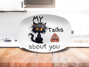 Funny Cranky Kitty Platter Featuring a Fluffy Black Cat and Poop Emoji Saying My Cat Talks About You Humorous Gift for Cat Lovers and Friends