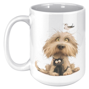 Whimsical Black Cat & Scruffy Dog 15oz Mug