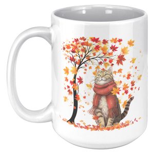 Autumn Leaves Cat 15 oz White Mug
