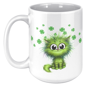 Green Cat And 4 Leaf Clovers 15oz White Mug