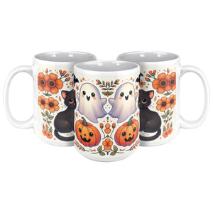 Black Cat Pumpkins And Ghosts Halloween Full Wrap 11 Oz Mug