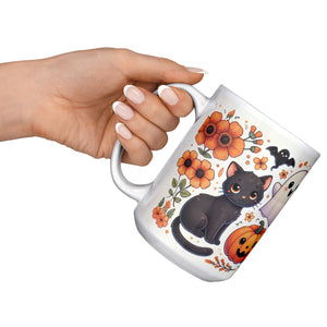 Black Cat Pumpkins And Ghosts Halloween Full Wrap 11 Oz Mug