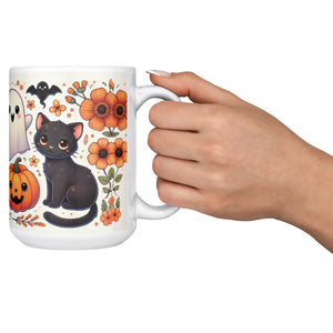 Black Cat Pumpkins And Ghosts Halloween Full Wrap 11 Oz Mug
