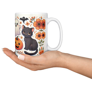 Black Cat Pumpkins And Ghosts Halloween Full Wrap 11 Oz Mug