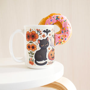 Black Cat Pumpkins And Ghosts Halloween Full Wrap 11 Oz Mug