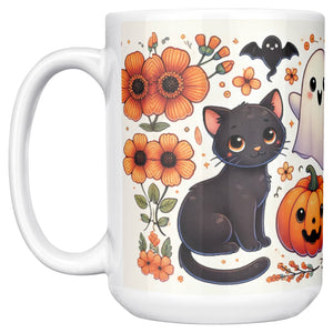 Black Cat Pumpkins And Ghosts Halloween Full Wrap 11 Oz Mug