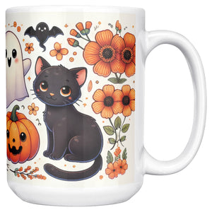 Black Cat Pumpkins And Ghosts Halloween Full Wrap 11 Oz Mug