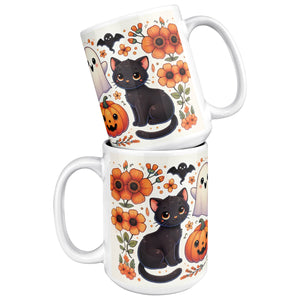 Black Cat Pumpkins And Ghosts Halloween Full Wrap 11 Oz Mug