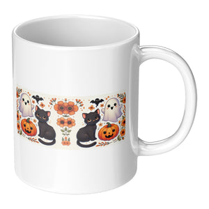 Black Cat Pumpkins And Ghosts Halloween 11 Oz Mug