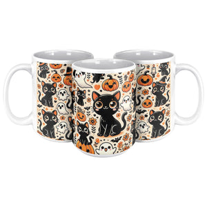 Cute Black Cat, Pumpkins And Ghosts 15 Oz Full Wrap Mug