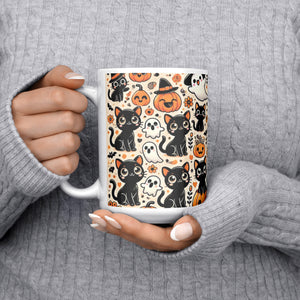 Cute Black Cat, Pumpkins And Ghosts 15 Oz Full Wrap Mug