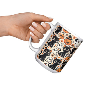 Cute Black Cat, Pumpkins And Ghosts 15 Oz Full Wrap Mug