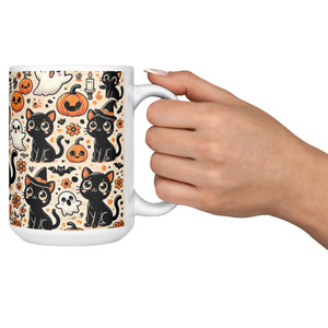 Cute Black Cat, Pumpkins And Ghosts 15 Oz Full Wrap Mug
