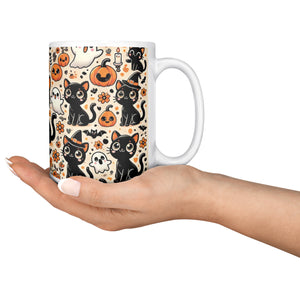 Cute Black Cat, Pumpkins And Ghosts 15 Oz Full Wrap Mug