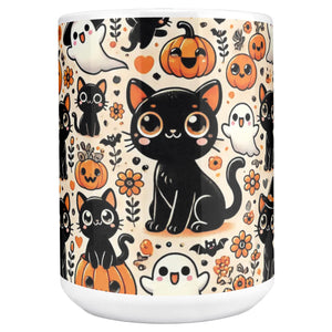 Cute Black Cat, Pumpkins And Ghosts 15 Oz Full Wrap Mug