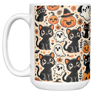 Cute Black Cat, Pumpkins And Ghosts 15 Oz Full Wrap Mug