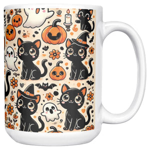 Cute Black Cat, Pumpkins And Ghosts 15 Oz Full Wrap Mug