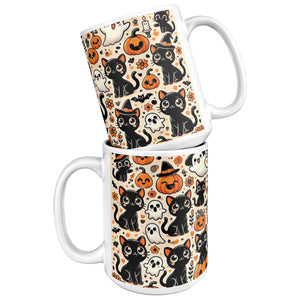 Cute Black Cat, Pumpkins And Ghosts 15 Oz Full Wrap Mug