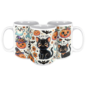 Cute Ghosts, Pumpkins And Black Cat 15 Oz Mug