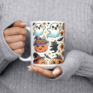 Cute Ghosts, Pumpkins And Black Cat 15 Oz Mug
