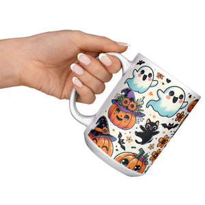 Cute Ghosts, Pumpkins And Black Cat 15 Oz Mug