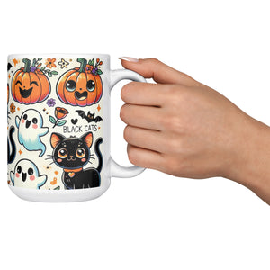 Cute Ghosts, Pumpkins And Black Cat 15 Oz Mug