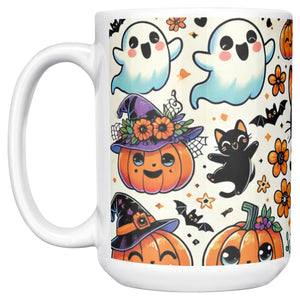 Cute Ghosts, Pumpkins And Black Cat 15 Oz Mug