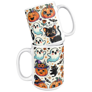 Cute Ghosts, Pumpkins And Black Cat 15 Oz Mug