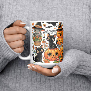 Cute Pumpkins, Ghosts And Black Cat Full Wrap 15 Oz Mug