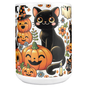 Cute Pumpkins, Ghosts And Black Cat Full Wrap 15 Oz Mug