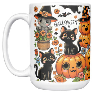 Cute Pumpkins, Ghosts And Black Cat Full Wrap 15 Oz Mug