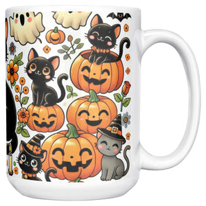 Cute Pumpkins, Ghosts And Black Cat Full Wrap 15 Oz Mug