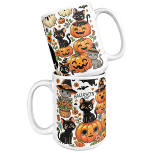 Cute Pumpkins, Ghosts And Black Cat Full Wrap 15 Oz Mug