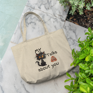 My Cat Talks About You Tote Funny and quirky cotton tote bag featuring a mischievous cat design perfect for cat lovers with a sense of humor