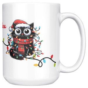 I'm Fine Everything's Fine Funny Christmas Cat Mug - Adorable Black Cat Tangled in Holiday Lights, Perfect Gift for Cat Lovers 15 oz
