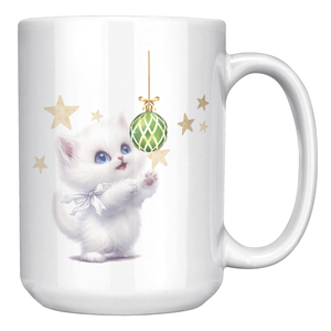 White Kitty With Ornament And Stars 15oz White Mug