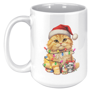 Orange Cat Christmas Hat, Lights With Mouse 15oz White Mug